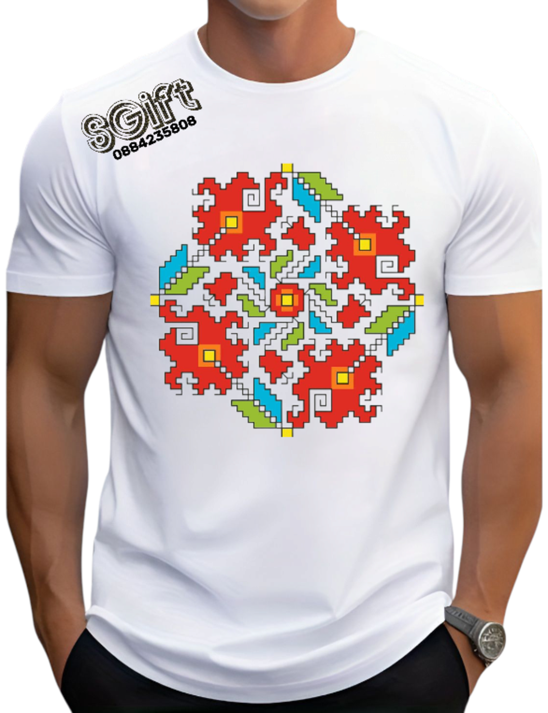 МЪЖКА БЯЛА ТЕНИСКА С БЪЛГАРСКА ШЕВИЦА  „ЦВЕТНА ГРАДИНА“