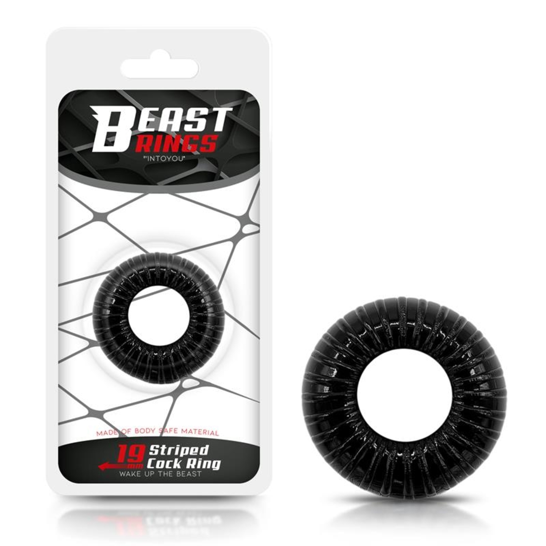 BEAST RINGS Пръстен за пенис, супер гъвкав и устойчив, райет, 1.9 см, черен