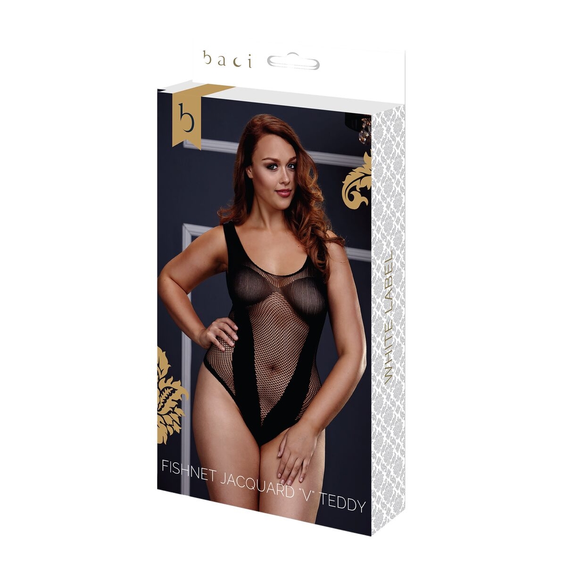 Боди - Fishnet Jacquard V Teddy Кралски Размер Baci Lingerie BW3134-BLKQS Черен XL Queen