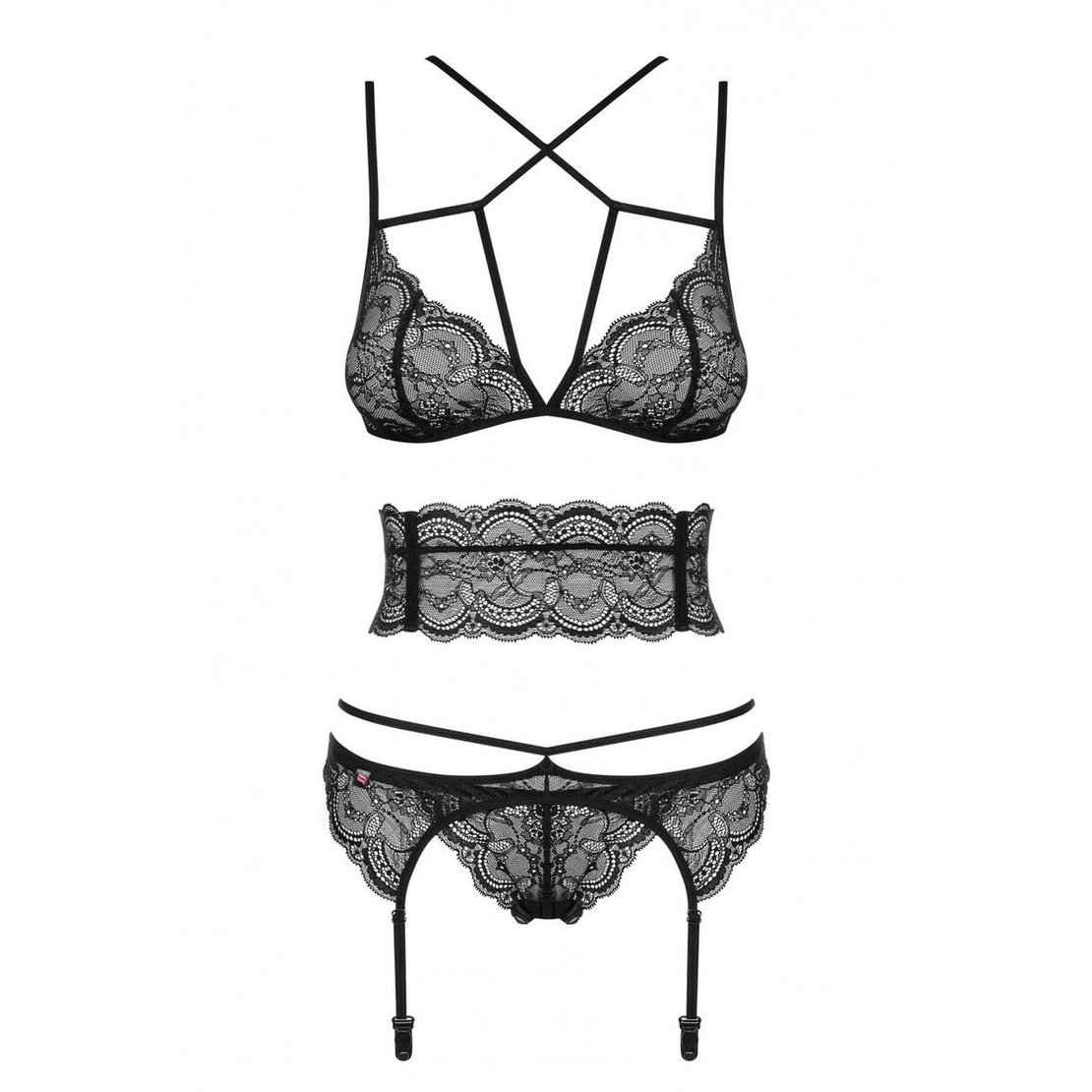Комплект Дантелено Бельо Obsessive Frivolla Черен S/M