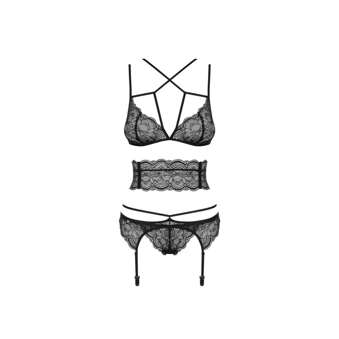 Комплект Дантелено Бельо Obsessive Frivolla Черен S/M