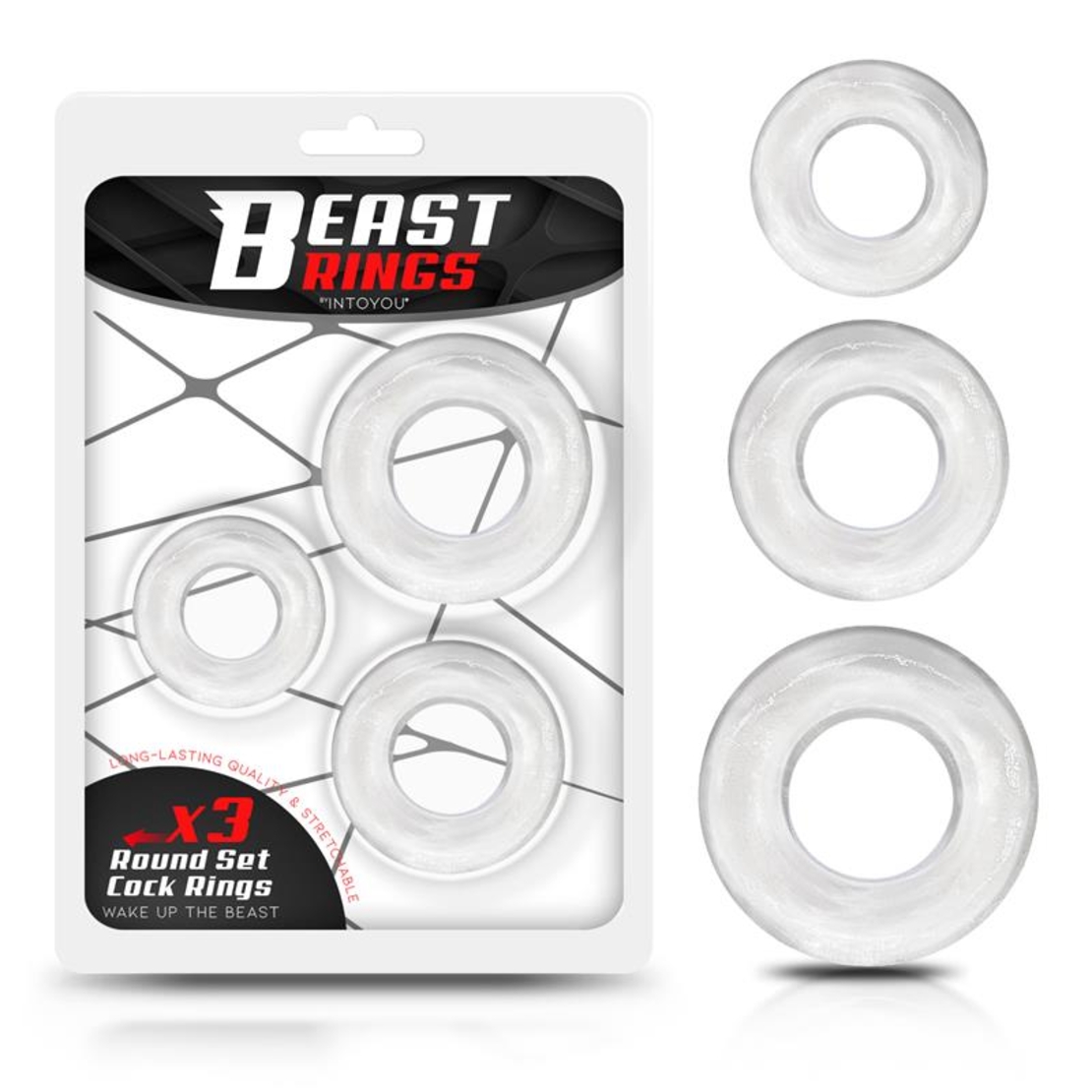 Комплект от 3 пръстена за пенис BEAST RINGS, гъвкави, прозрачни