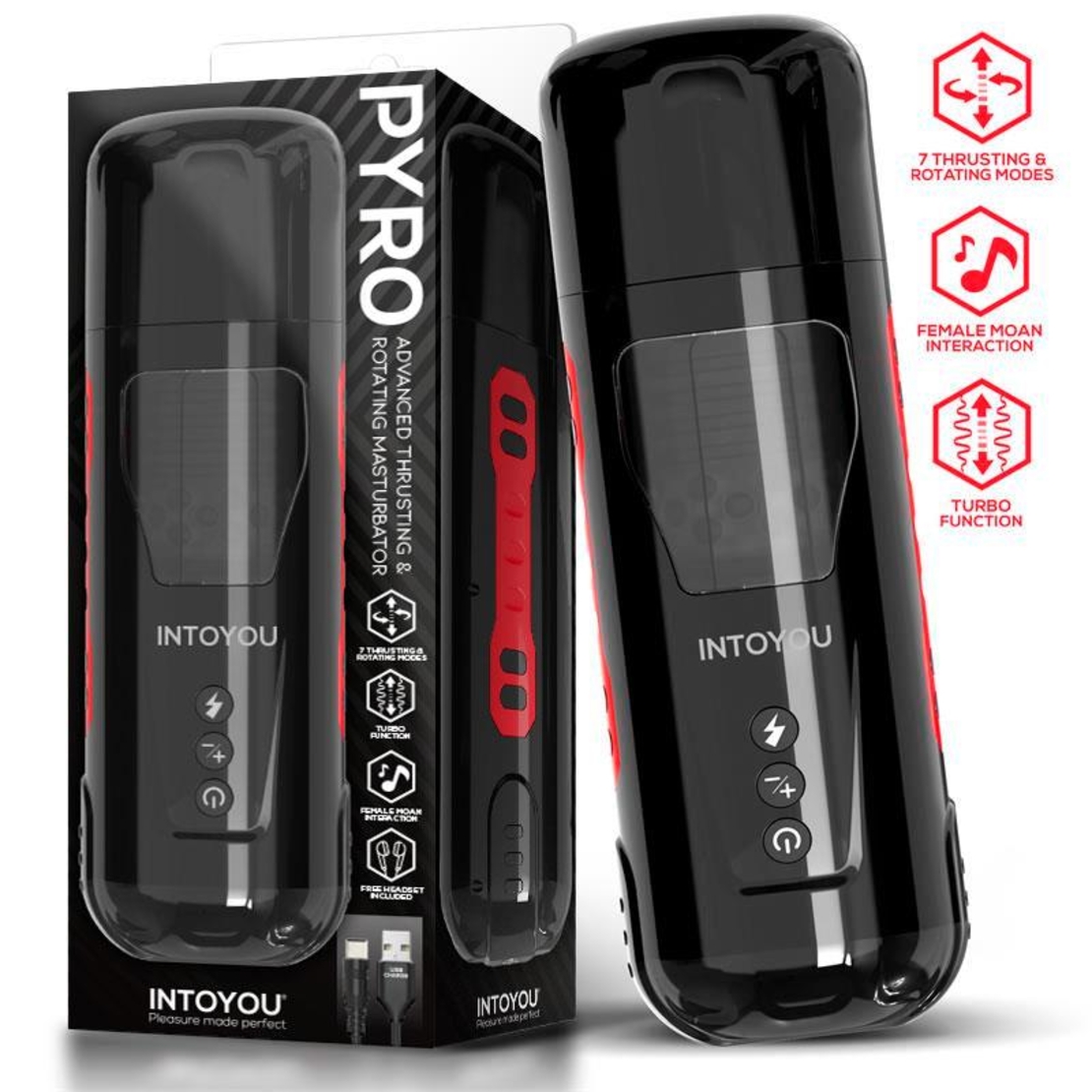 INTOYOU Pyro Advanced тласкащ, въртящ се и стенещ мастурбатор
