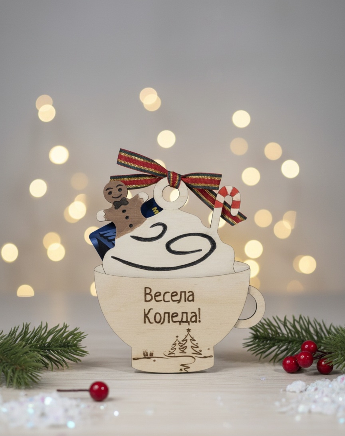 Дървена кутия за подаръчен ваучер или пари,, Коледна чаша