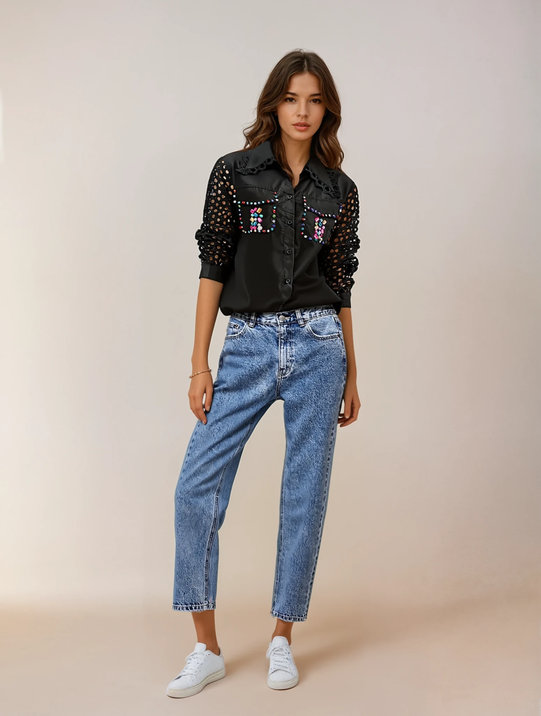 White Shirt with Lace and Embroidered Stones - black