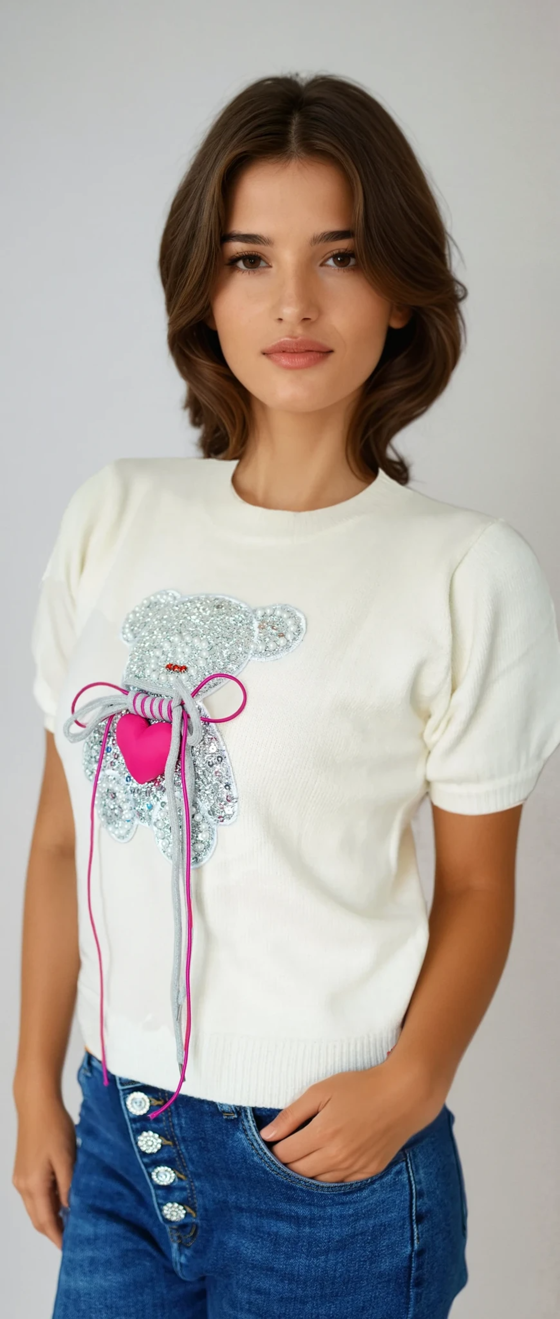 Fine Knit Sweater with Bear Embroidery and Decorative Details