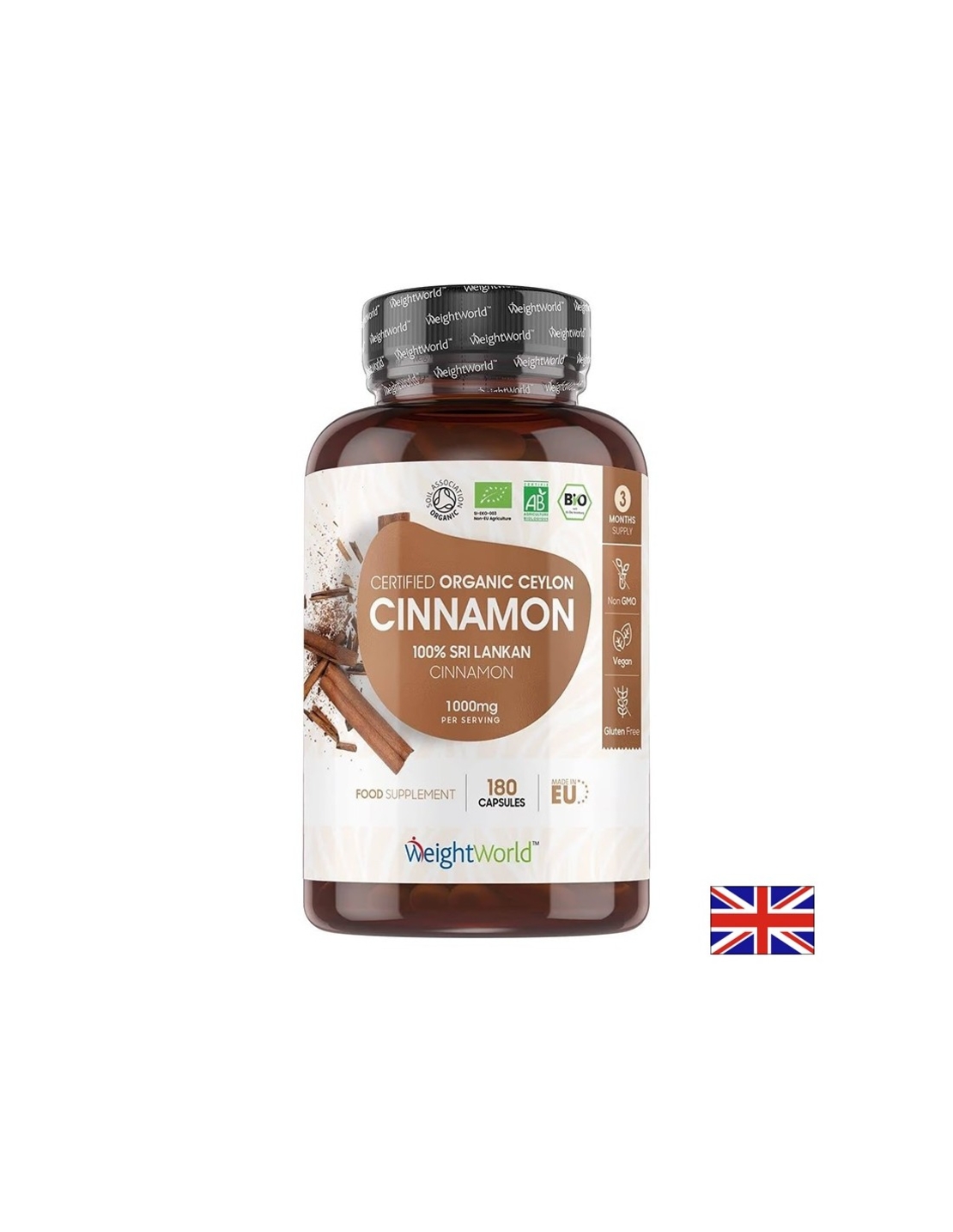 Контрол на теглото и кръвната захар Цейлонска канела (органик) (Ceylon Cinnamon) 1000 mg х 180 капсули