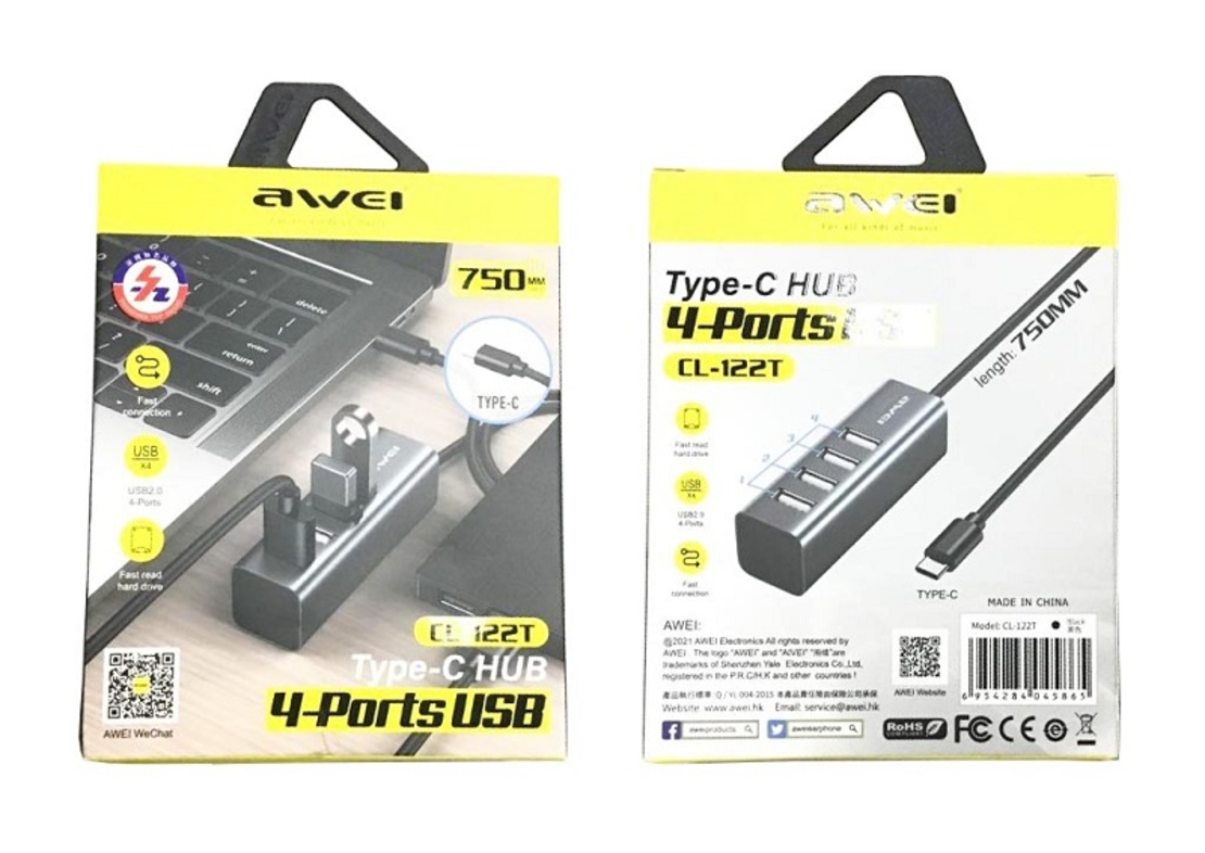 Адаптер USB 2.0 хъб с 4 порта - Тип-C - CL -122T - AWEI - 888070