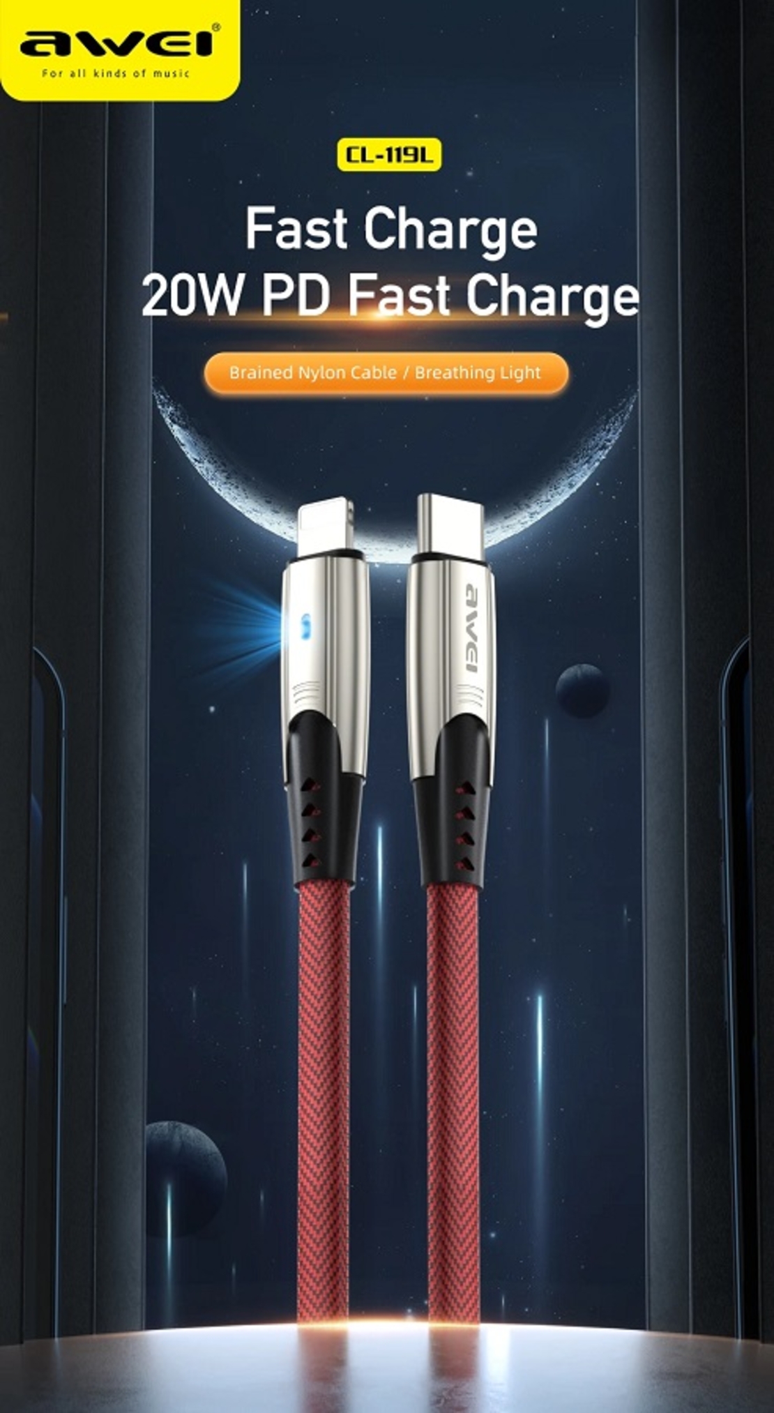 Кабел за зареждане и данни – Тип-С към Lightning - CL -119L - 20W - AWEI - 887943