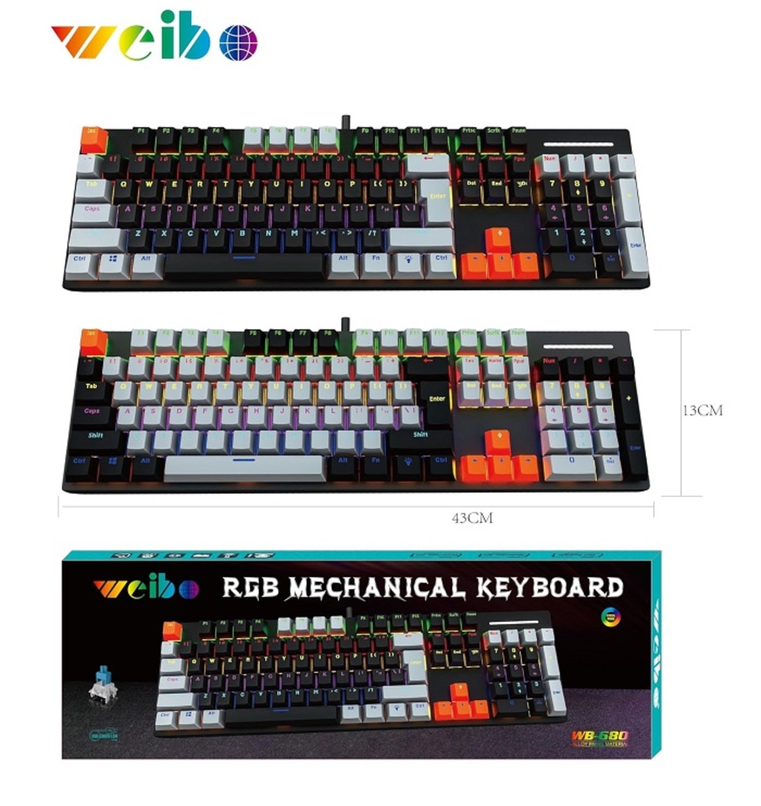 Кабелна игрална клавиатура - LED RGB - WB-680 - Weibo - 653675