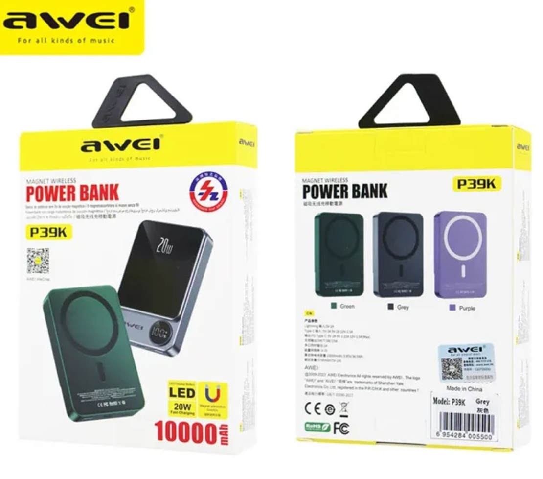 Външна батерия с магнитно зареждане - P39K - 10.000mah - 20W - AWEI - 005500 - Сива