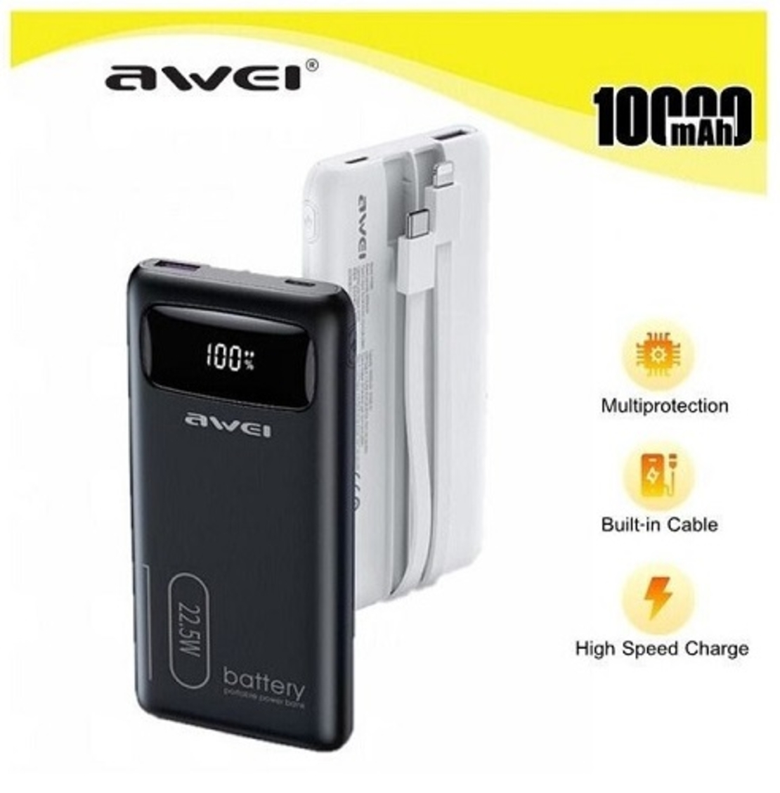 Външна батерия - 10 000mah - P168K - 22.5W - AWEI - 888551 - Черна