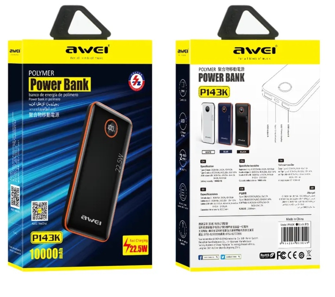 Външна батерия - 10.000mah - 22.5W - P143K - Awei - 888612