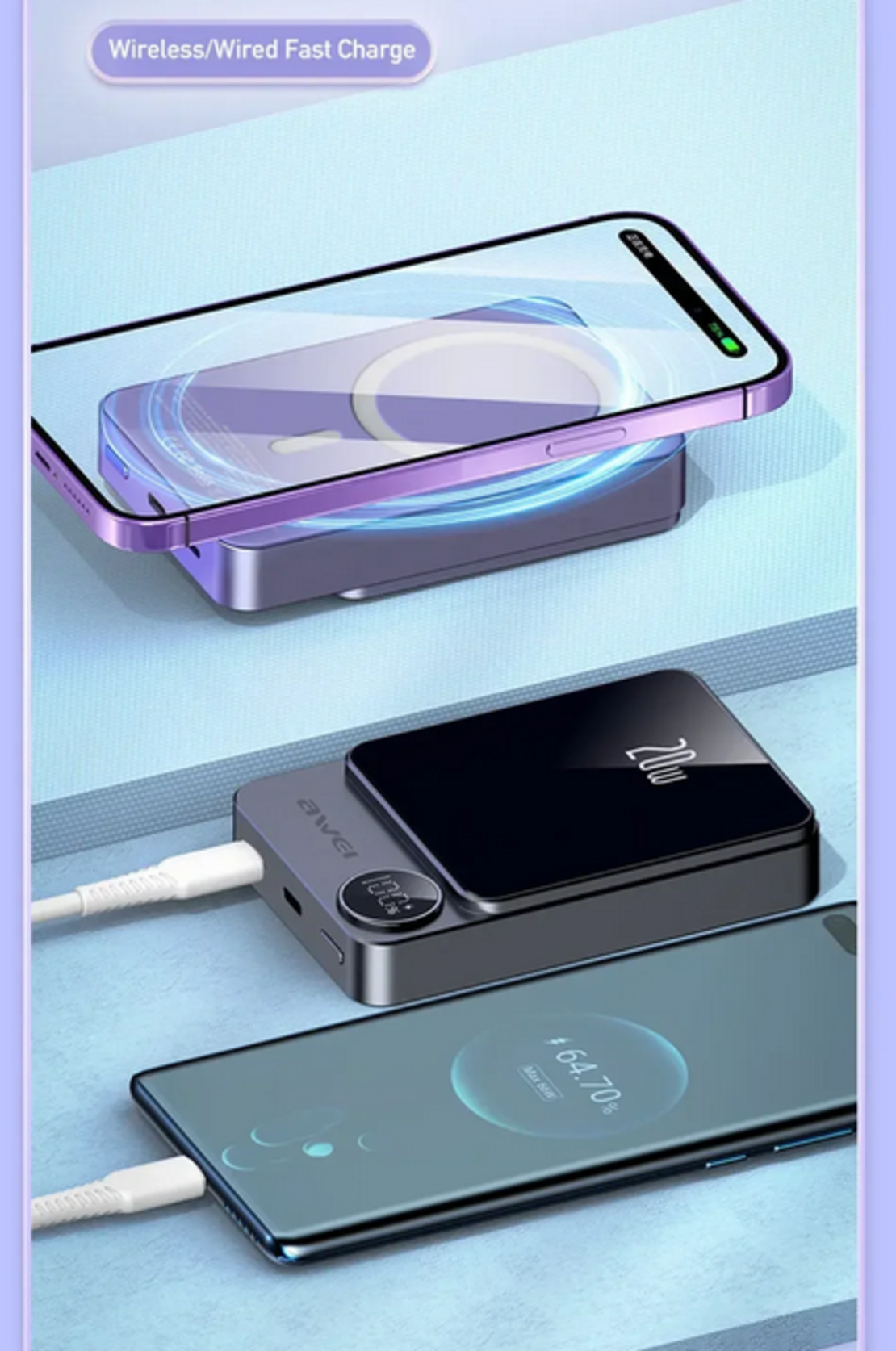 Външна батерия с магнитно зареждане - P39K - 10.000mah - 20W - AWEI - 005500 - Сива