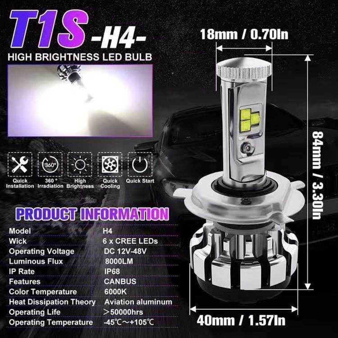 Комплект от 2 броя LED крушки - T1S - H4 - Canbus - 007506