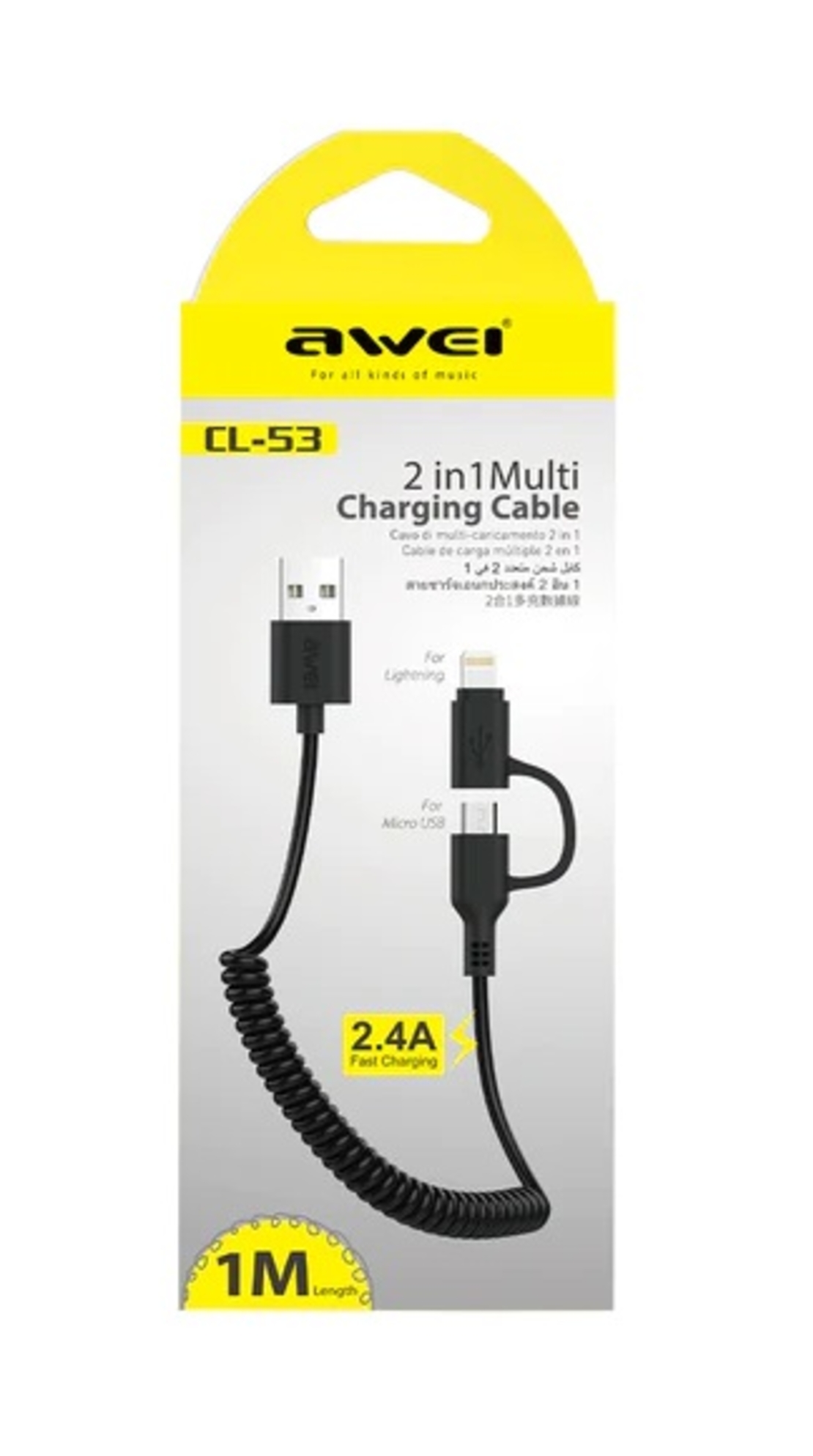 Кабел за зареждане и данни 2 в 1 Спирала - Micro USB & Lightning - CL -53 - 1м - AWEI - 888209