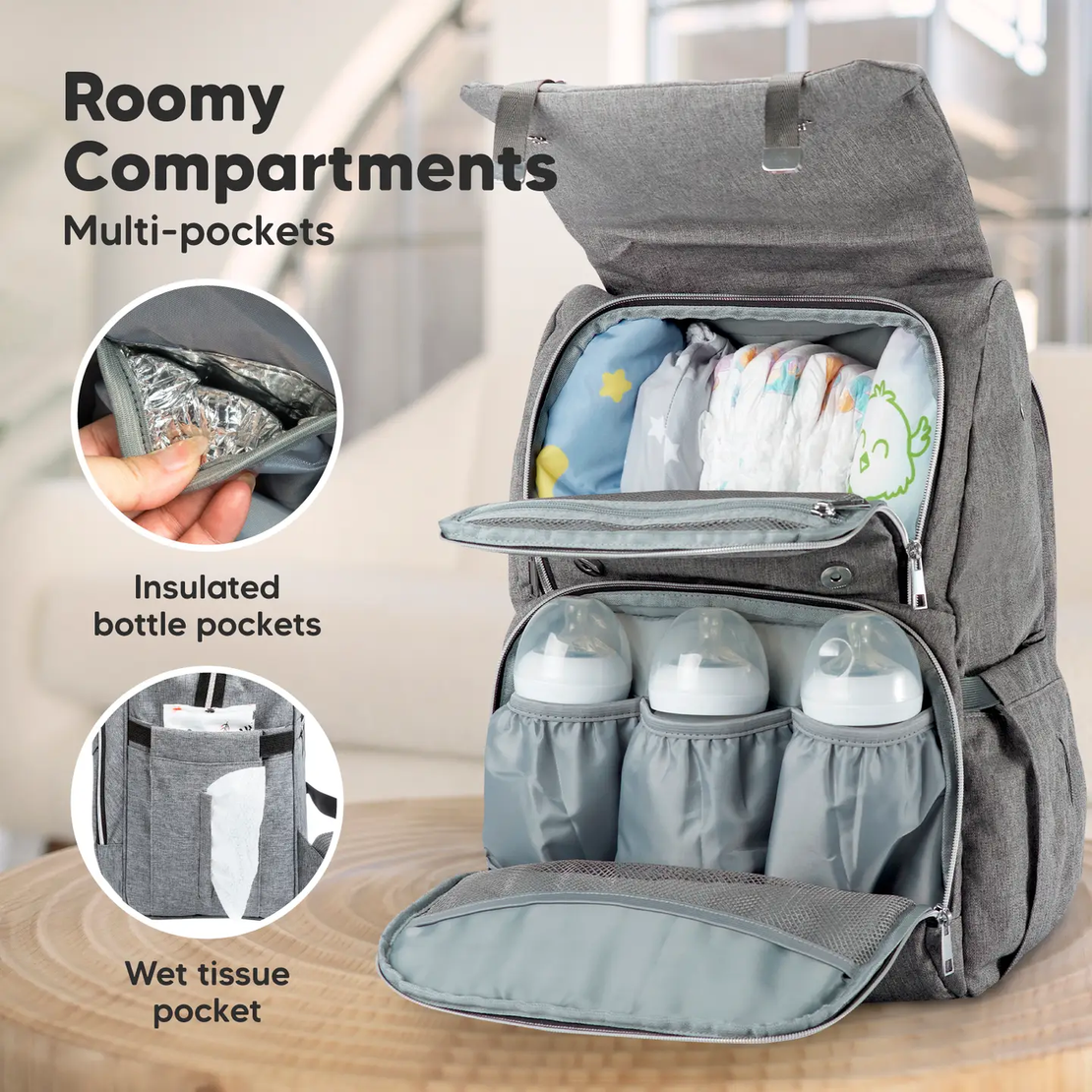 Explorer Diaper Bag Backpack, Changing Pad, Stroller Straps Classic Gray