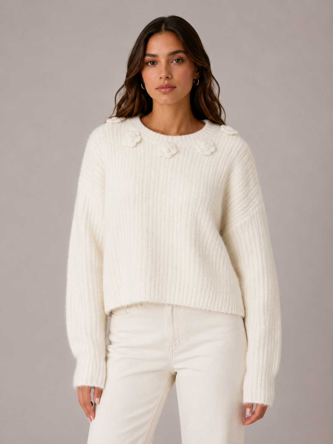 Vero Moda бял пуловер с цветя • L