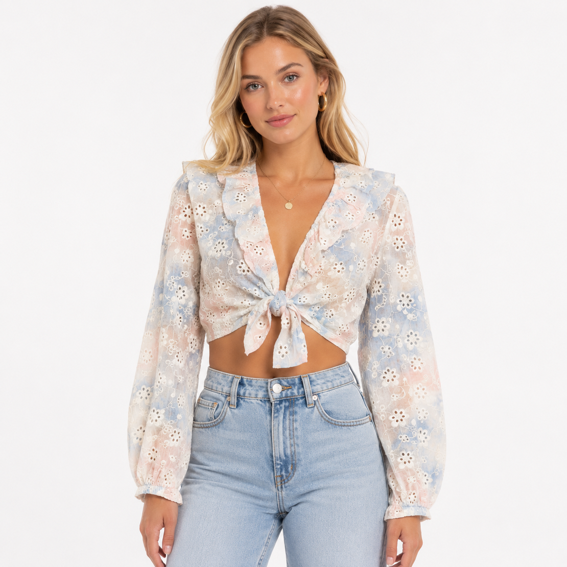White Cabana бродирана crop блуза с връзка • M
