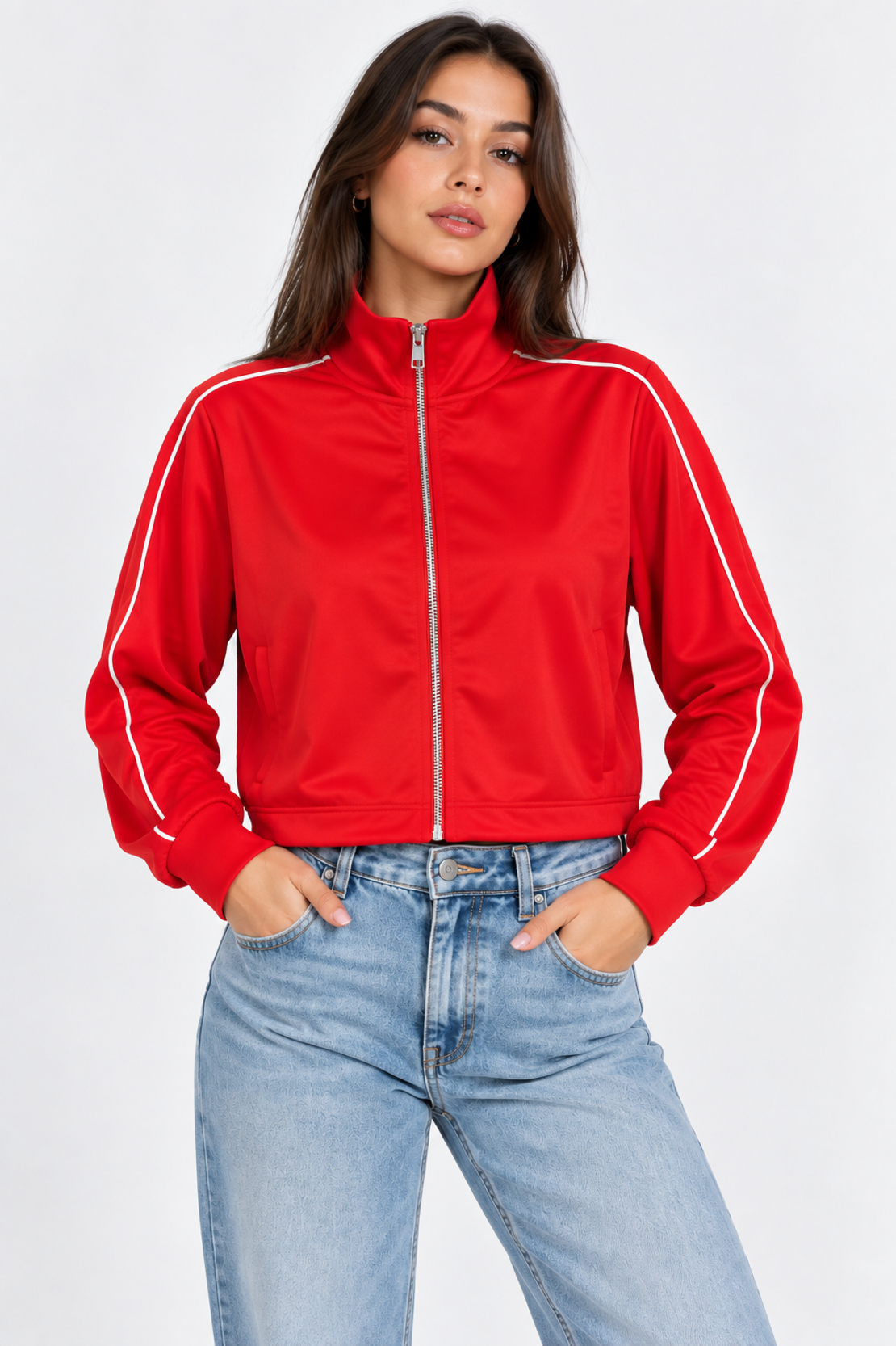 PIECES дамски cropped суичър с цип – червен • S
