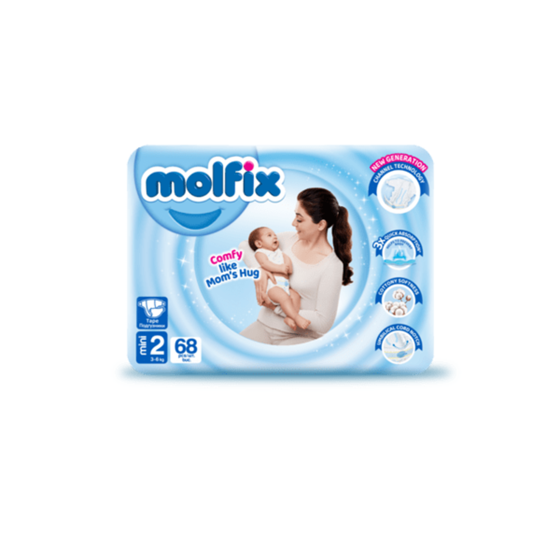 Molfix Памперси 2 , 3-6кг/ 68 бр. + ПОДАРЪК МОКРИ КЪРПИ Molfix