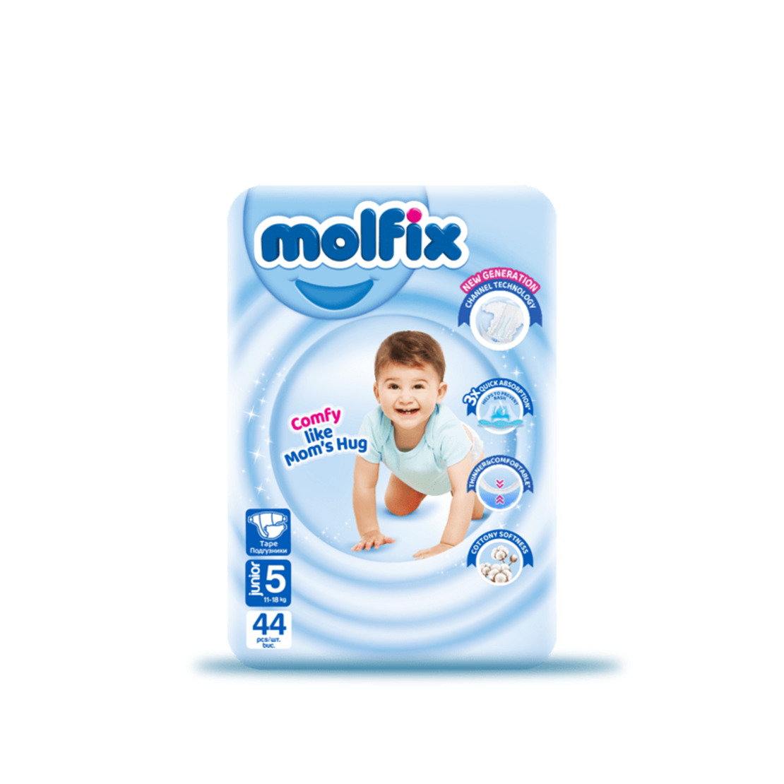 Molfix Памперси 5 , 11-18кг/ 44 бр. + ПОДАРЪК МОКРИ КЪРПИ Molfix