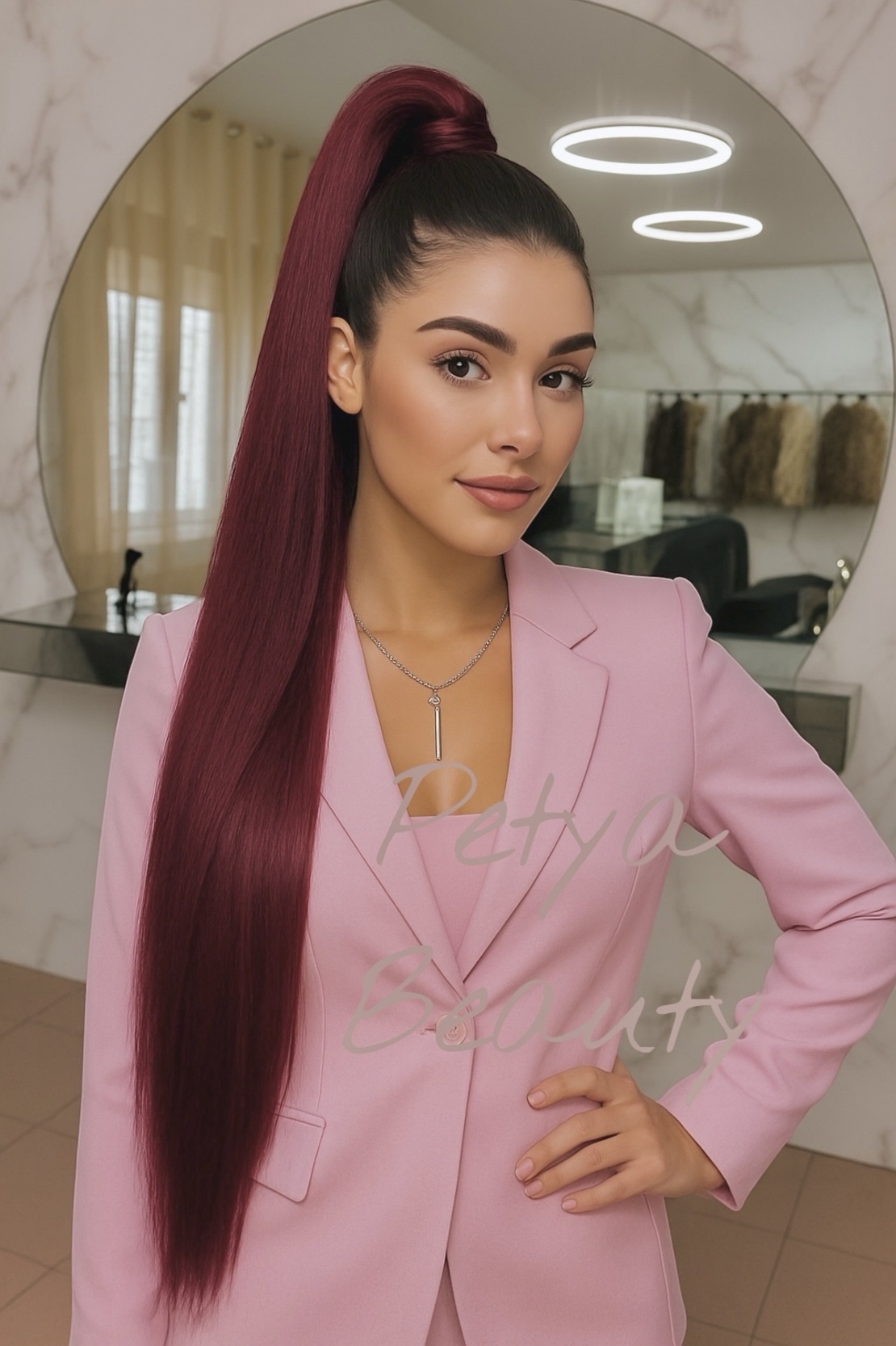 PREMIUM - Луксозна опашка - БУРГУНДИ с мрежа и ластик