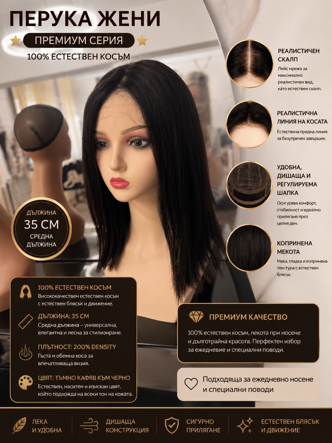 Перука - 100% естествен косъм - ЖЕНИ