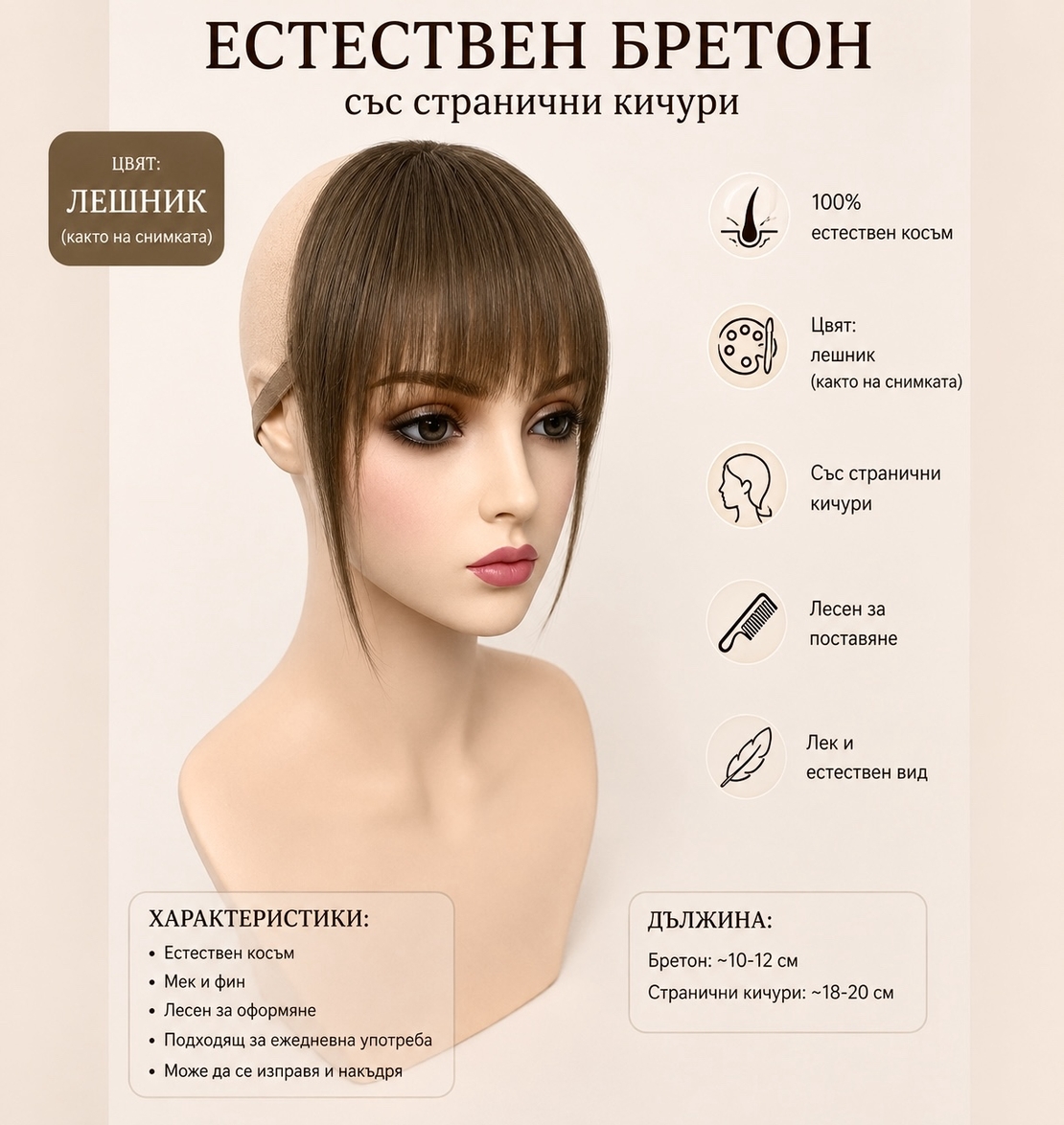 Бретон - 100% естествен косъм - Лешник