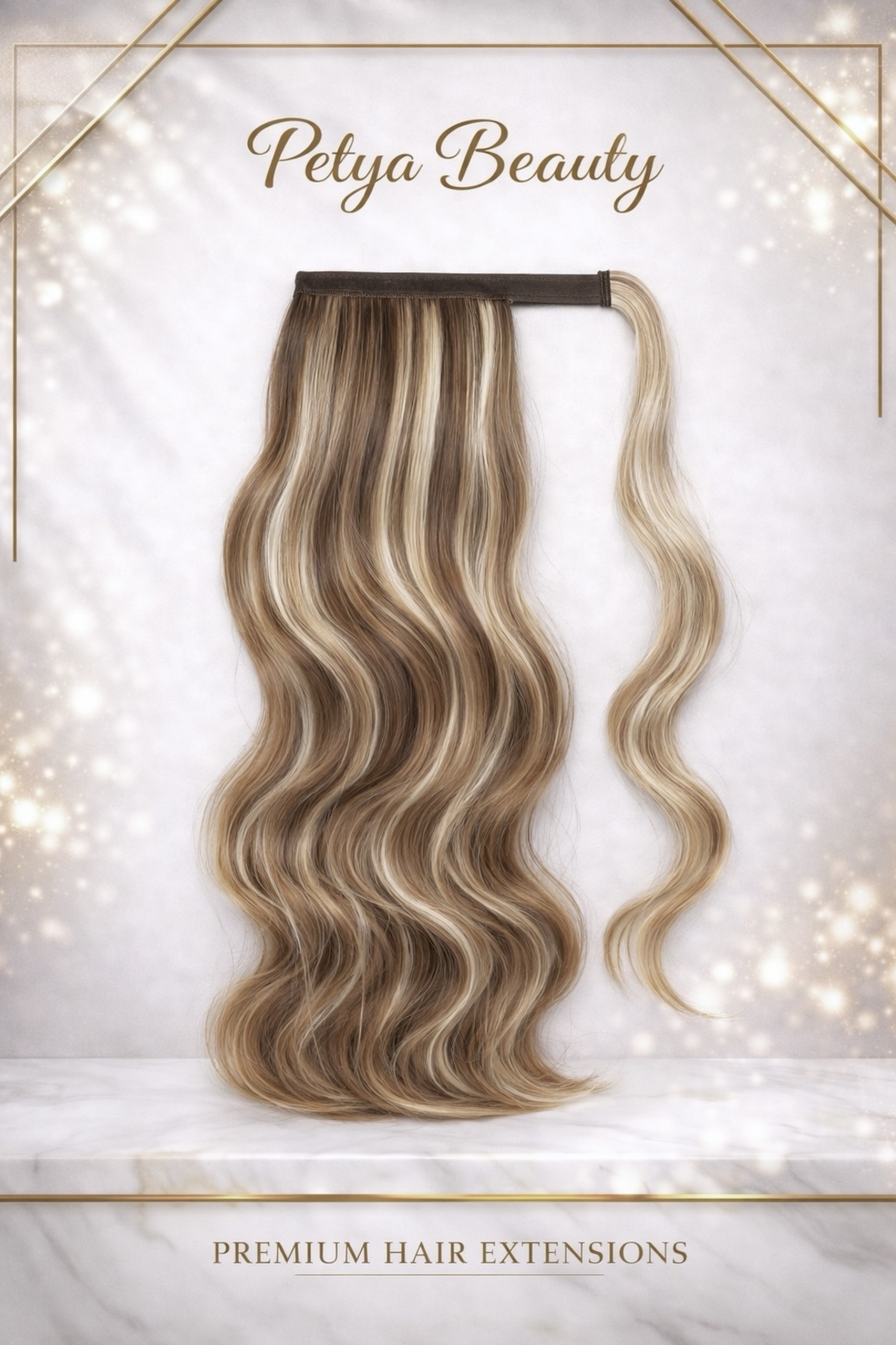 Опашка с лента/кичур (нов модел) - Светло кафяво с карамелени кичури