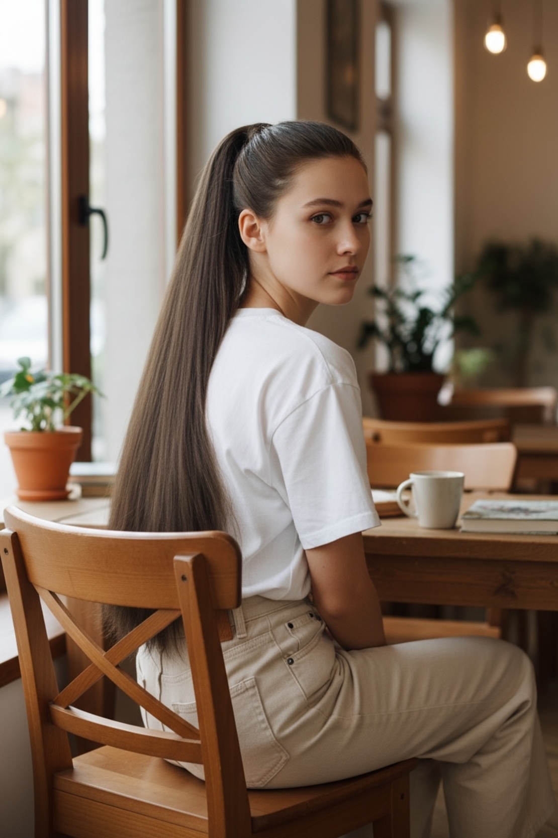 Опашка с ластик - Топло кафяво с фини кичури 85см (РЪЧНА изработка)