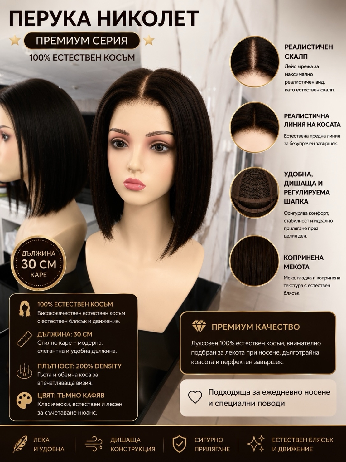 Перука - 100% естествен косъм - НИКОЛЕТ