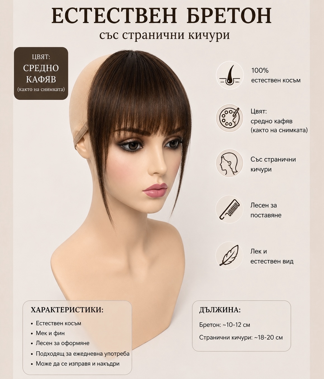 Бретон - 100% естествен косъм - Средно кафяво