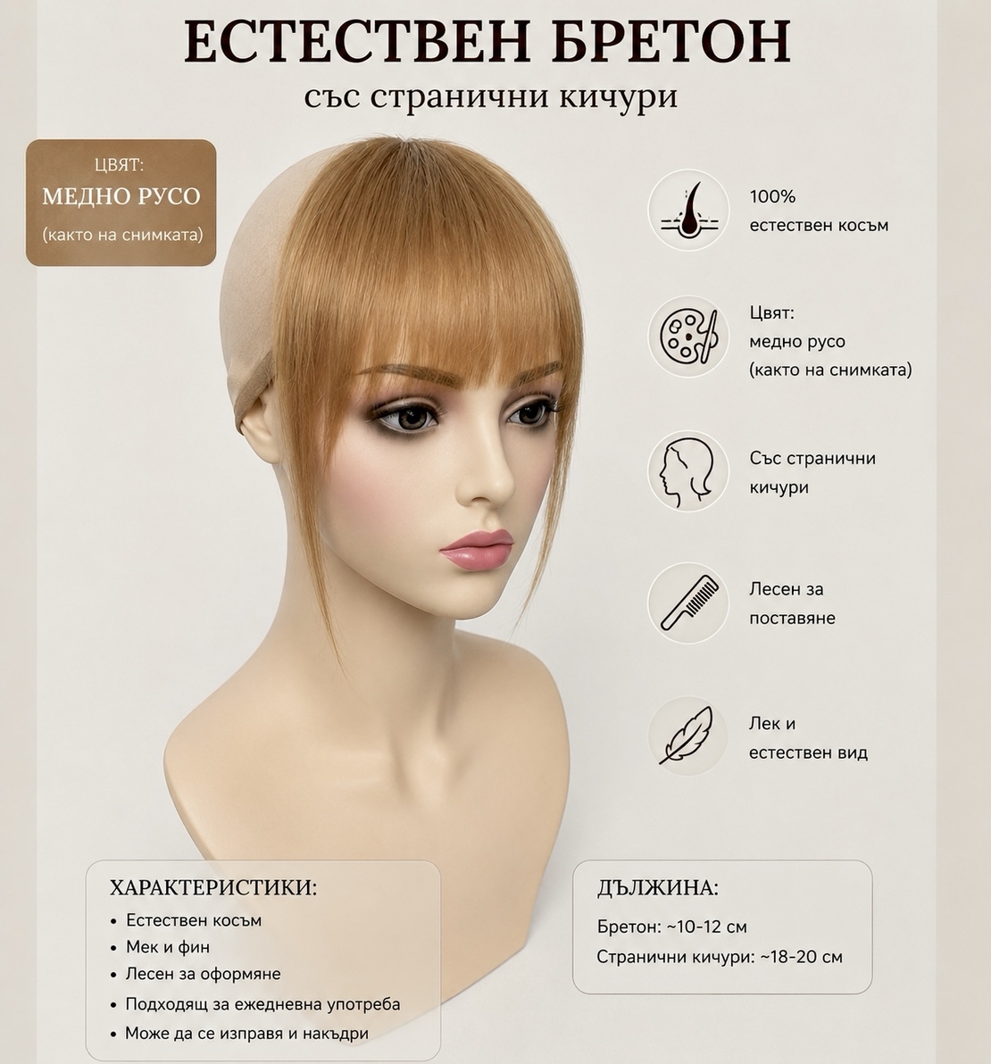 Бретон - 100% естествен косъм - Медно русо