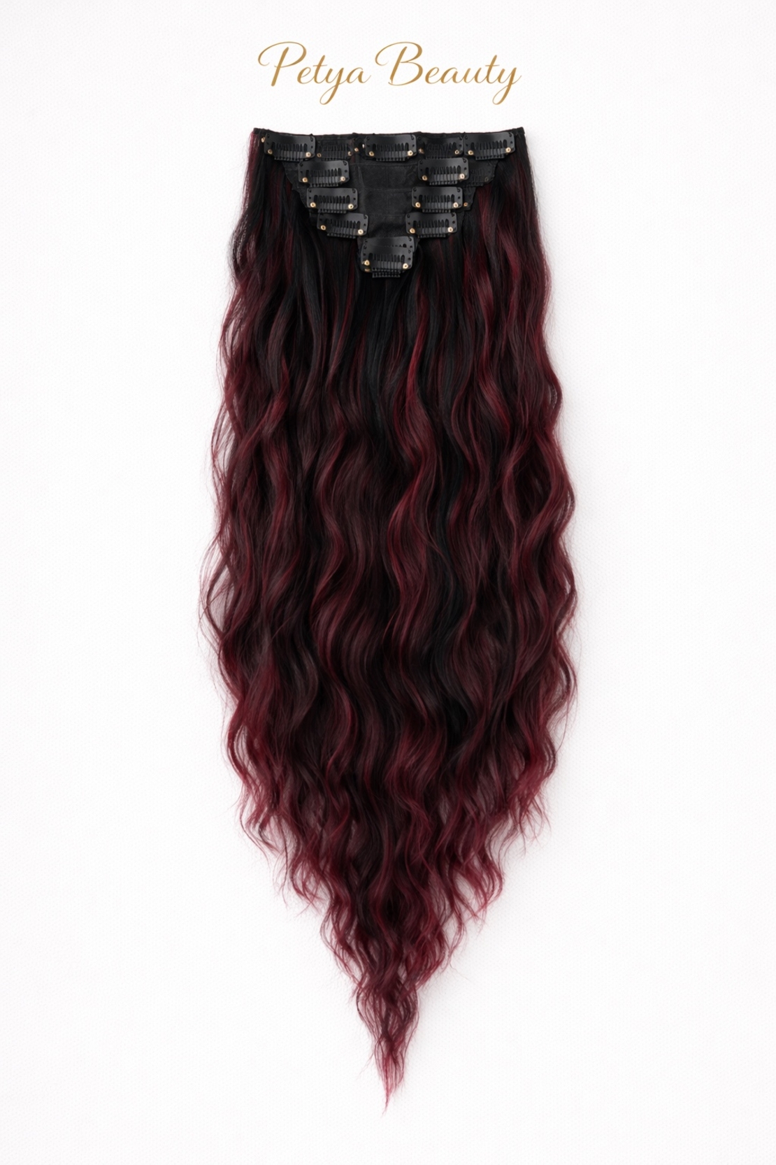 Комплект екстеншън от 7 части - Червено с черни кичури ( ВЪЛНИ)