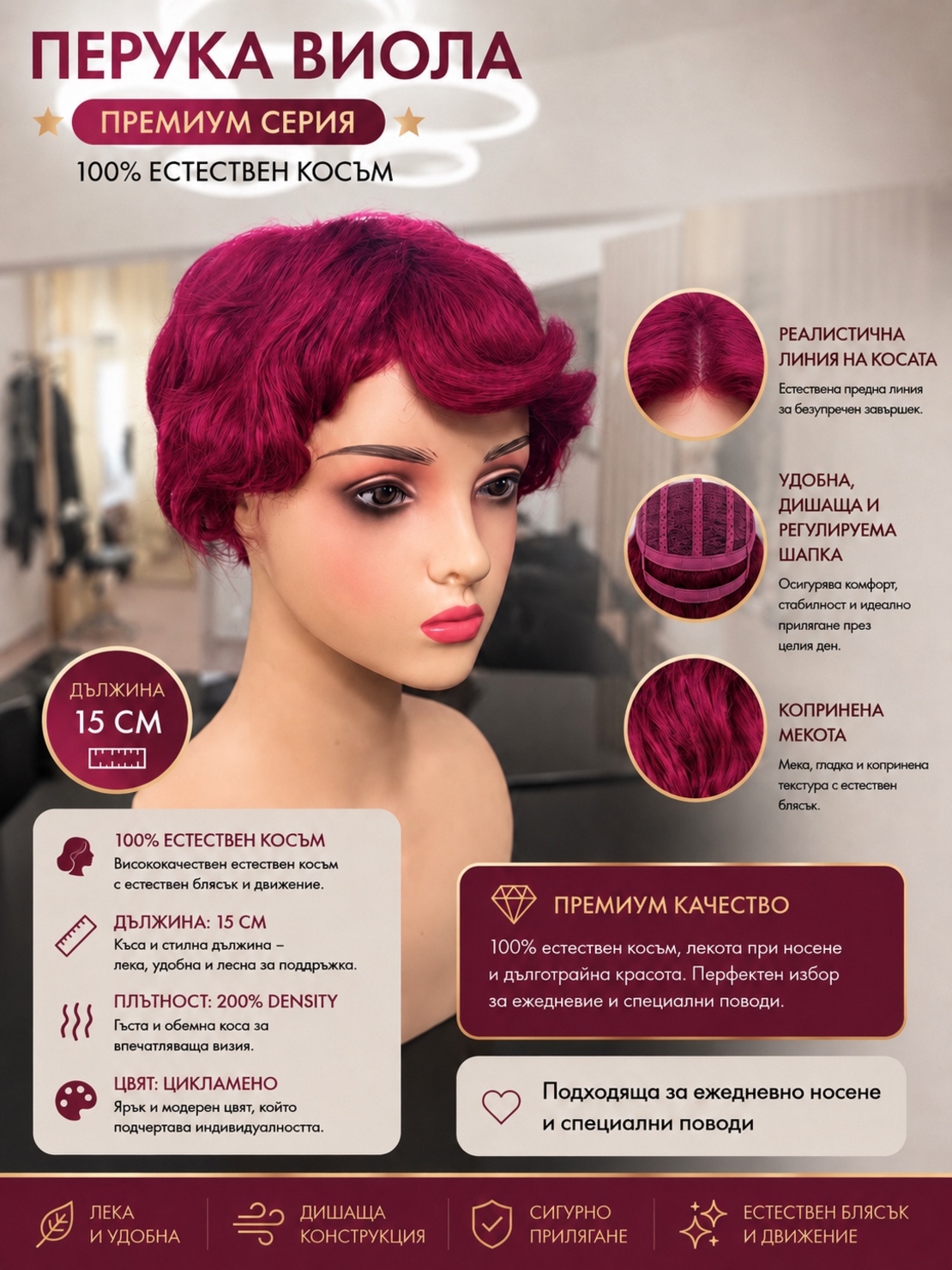Перука - 100% естествен косъм - ВИОЛА
