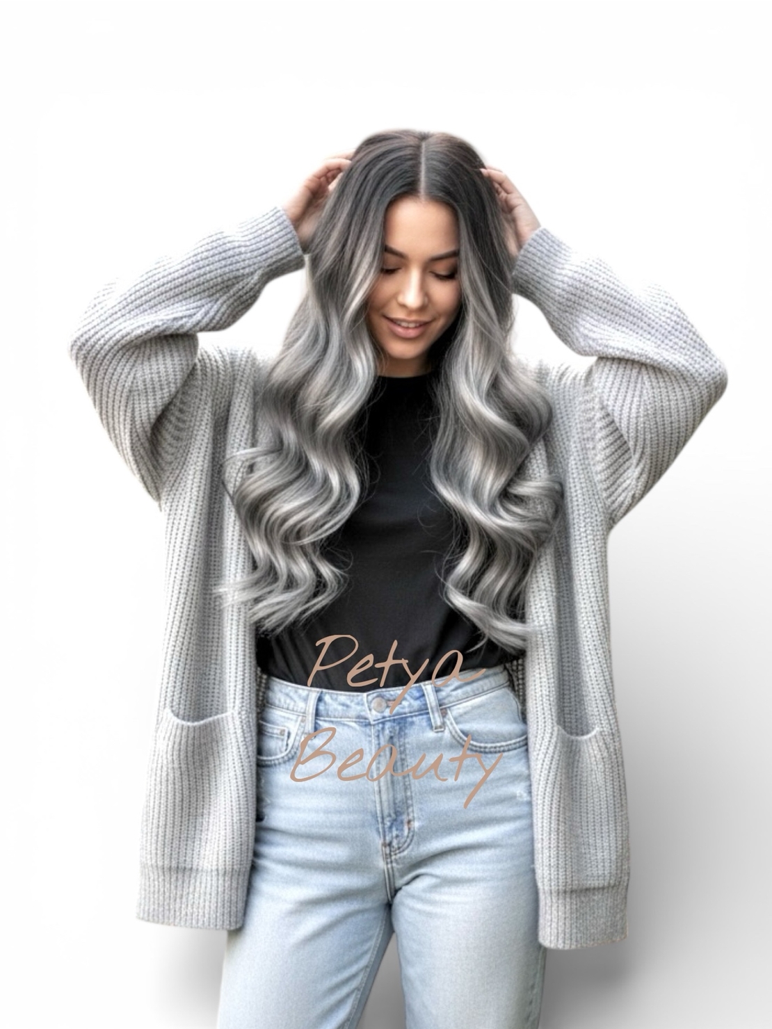 /Премиум/ V-екстеншън на цял ред - СИВО С БЕЛИ КРАИЩА (ВЪЛНИ)