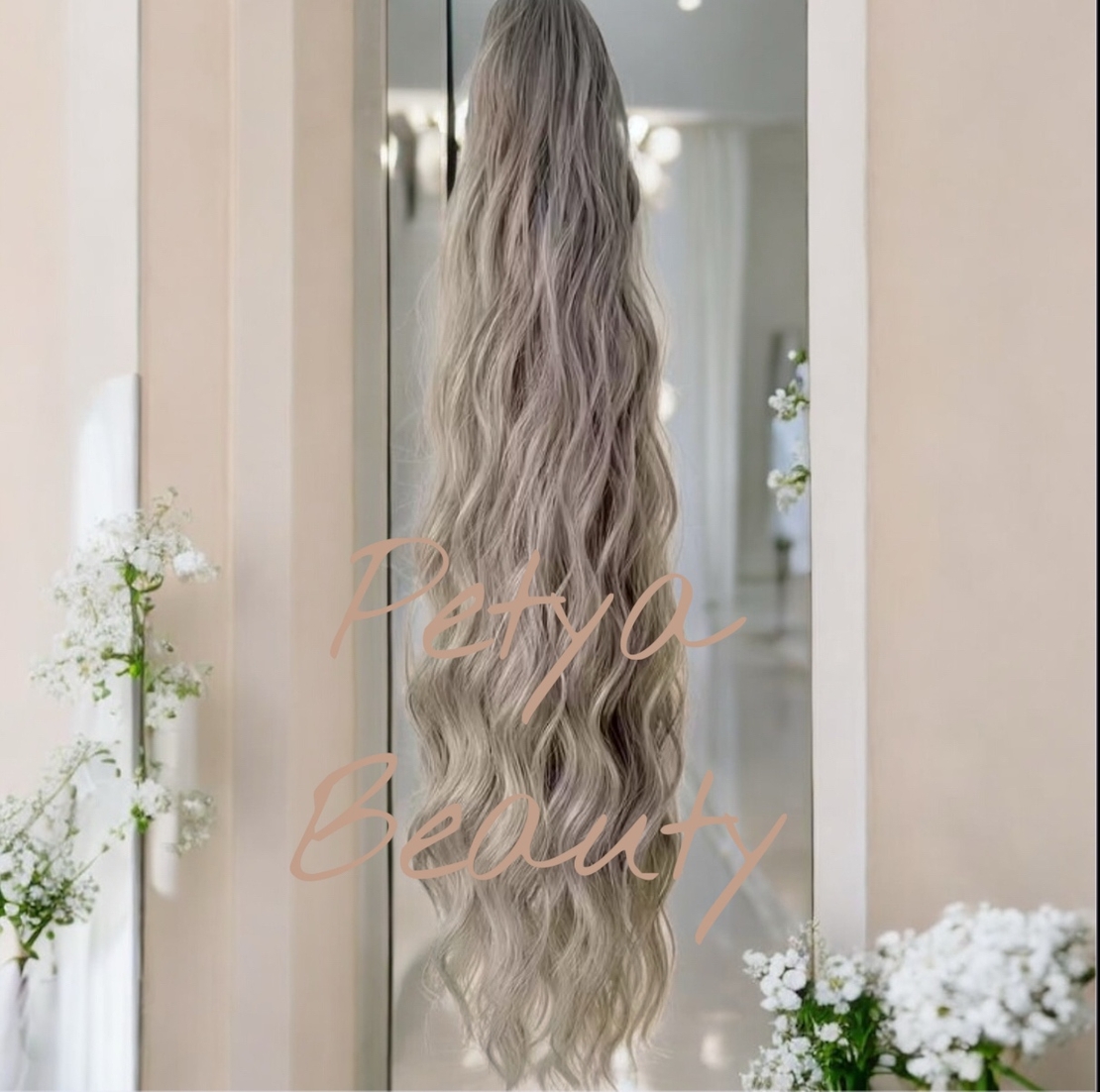 PREMIUM - Луксозна опашка - ШАТУШ ПЕПЕЛНО РУСО НА ВЪЛНИ с мрежа и ластик