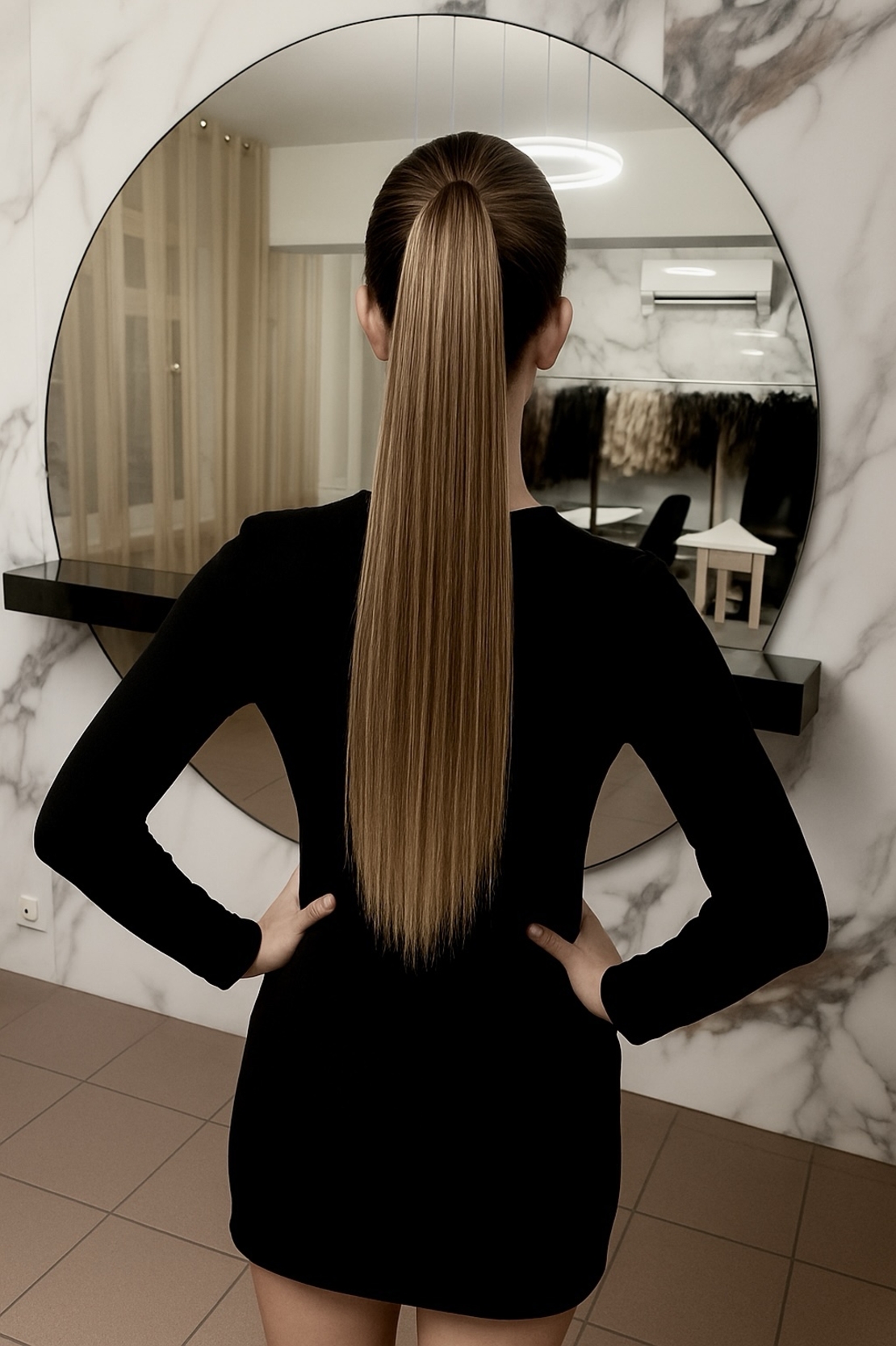 PREMIUM - Луксозна опашка - СВЕТЛО КАФЯВО С КИЧУРИ 60см с мрежа и ластик