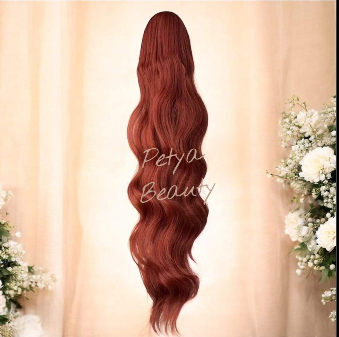 PREMIUM - Луксозна опашка - МЕДЕНО ЧЕРВЕНО с мрежа и ластик - 80см