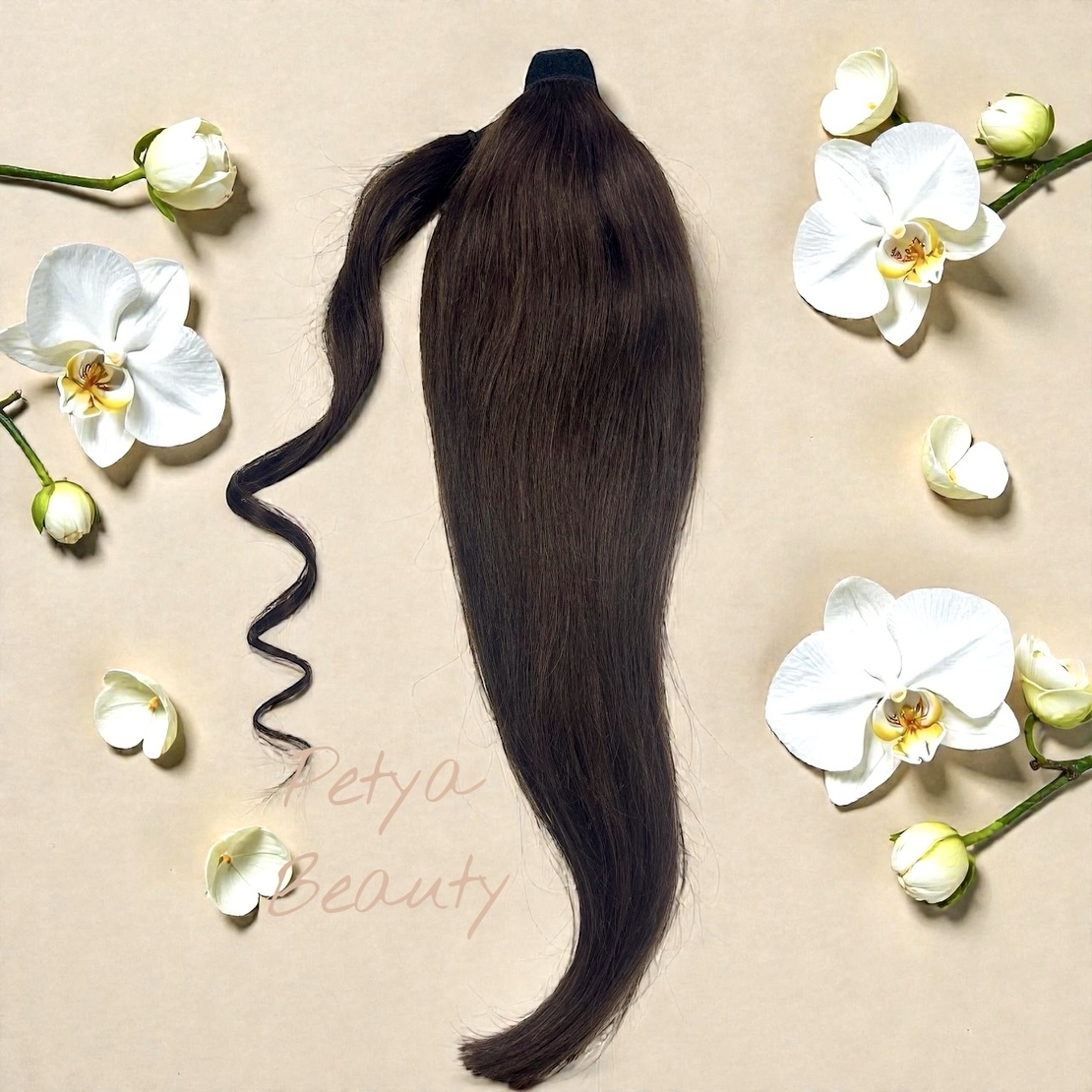 100% Естествен косъм - Опашка с лента/кичур - Шоколад