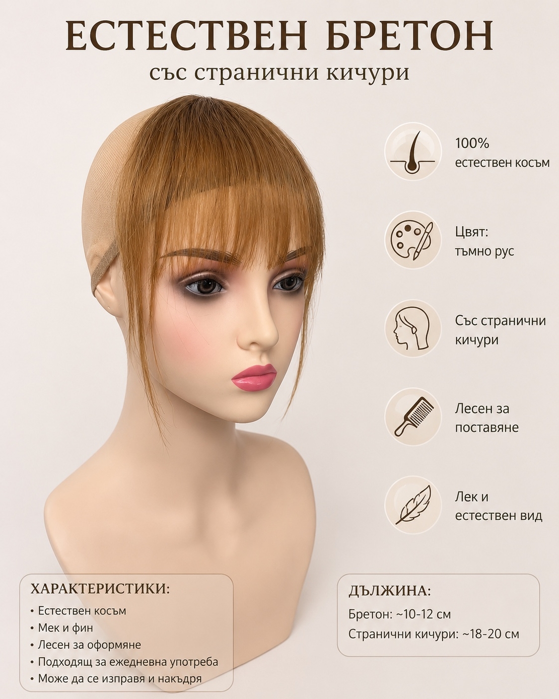 Бретон - 100% естествен косъм - Тъмно русо