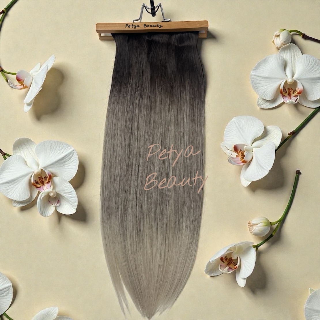 Комплект екстеншън от 7 части в цвят - ОМБРЕ Сиво с тъмен корен