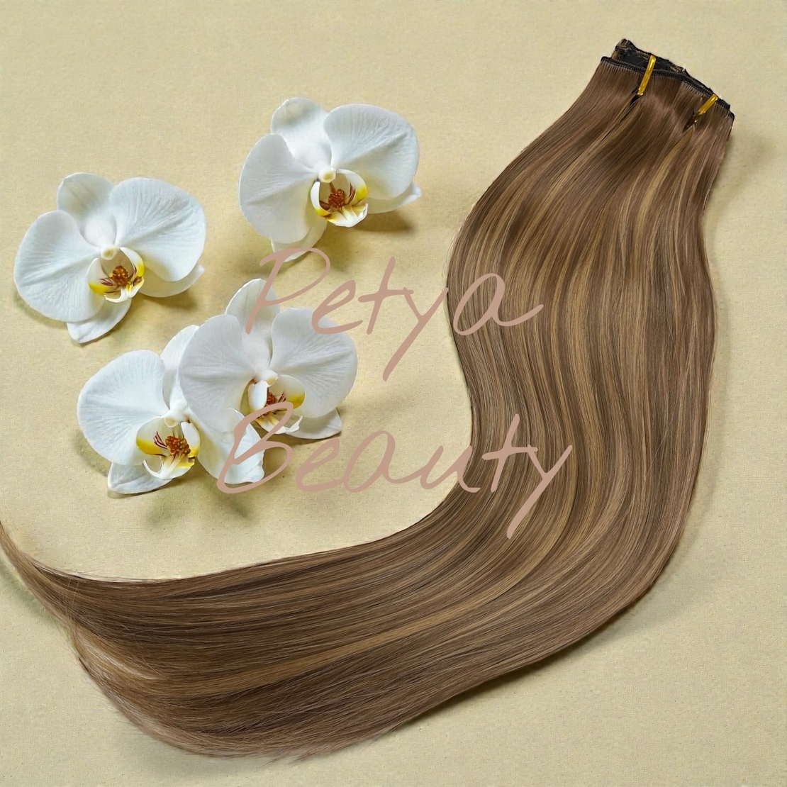 Комплект екстеншън от 8 части в цвят - СВЕТЛО КАФЯВО С КИЧУРИ