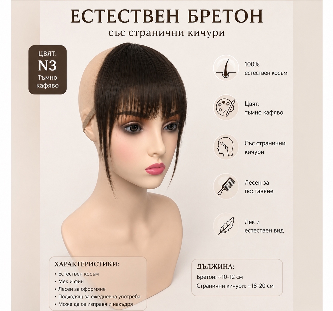 Бретон - 100% естествен косъм - Тъмно кафяво No:3