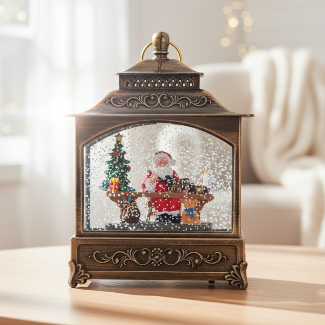 Коледна лампа фенер със сняг и коледни орнаменти