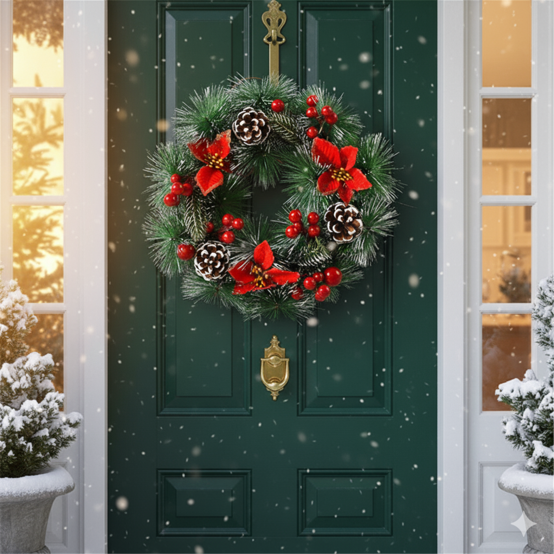 Коледен венец за декорация с шишарки и изкуствени коледни звезди Диаметър: 30 см