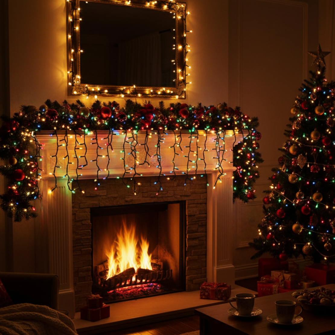 Цветни коледни лампички с черен кабел