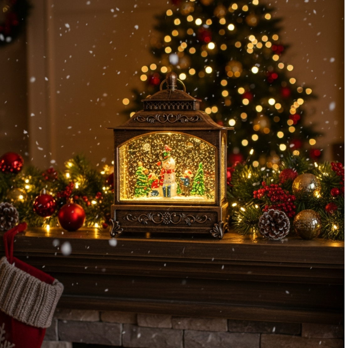 Светещ музикален фенер с Дядо Коледа и вихър от блясък