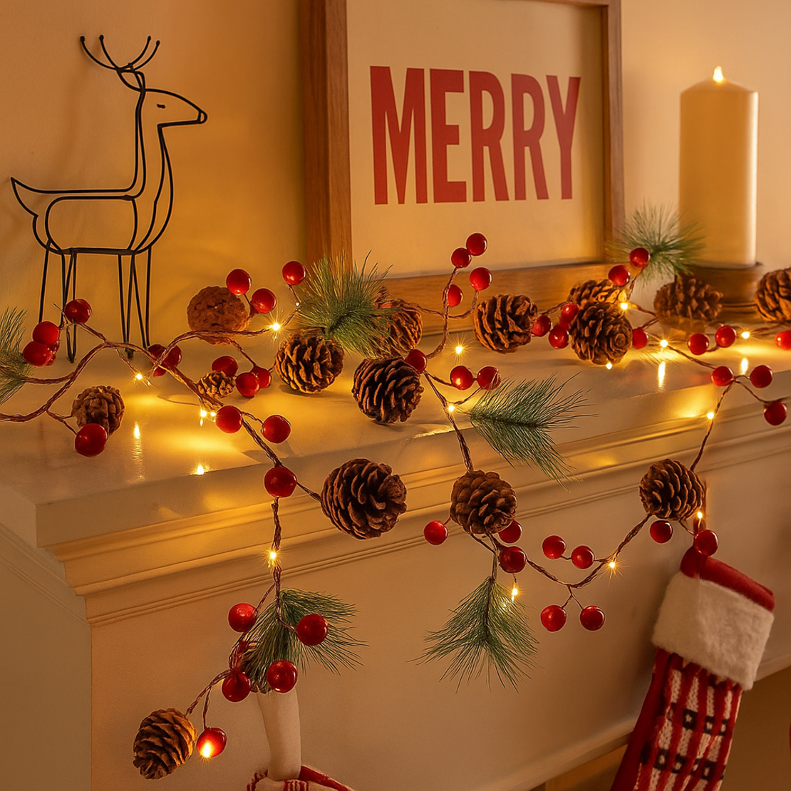 Светеща коледна украса с LED светлини шишарки и борови клонки